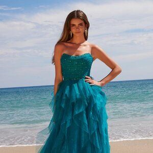 NEW FORMAL STRAPLESS RHINESTONES EMBELLISHED PROM A-LINE TULLE DRESS W/ NX A1591